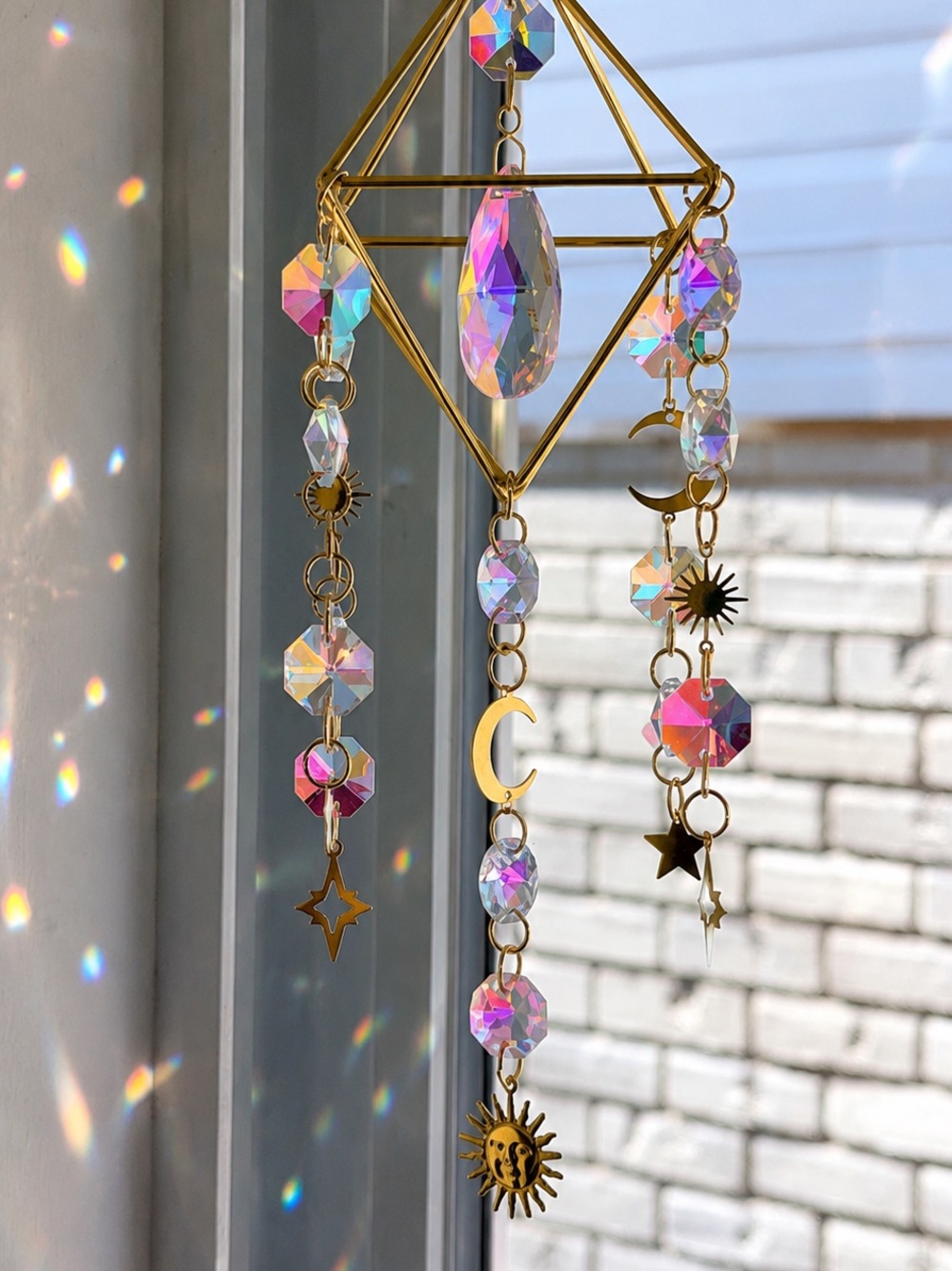 Iridescent Crystal Sun & Moon Hanging Suncatcher - Gold Frame